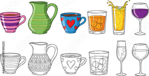 Hand Drawn Drinkware Vector Set Featuring Cups Glasses Mugs Pitchers and Beverage Illustrations for Kitchen Design, Café Branding, Menu Decoration, and Creative Projects.