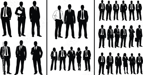 Set of black vector silhouettes featuring professional business men and corporate women standing in groups on a plain white background