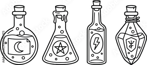 Minimalist line art icon set of magic potion bottles featuring mystical symbols like a crescent moon, pentagram, and lightning bolt.