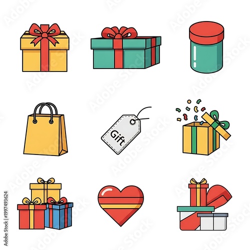 Colorful gift boxes, shopping bag, gift tag, and heart icon collection