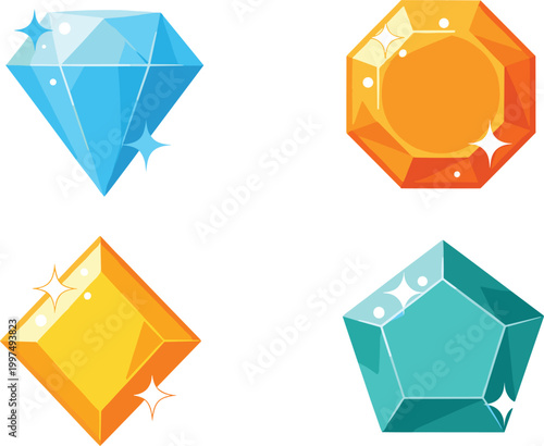 Fotografie Sparkling Colorful Gemstone Icon Set with Blue Diamond, Orange Octagon, Yellow R