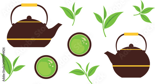Green tea elements vector set. Teapot, leaves and matcha bowl collection. Asian tea illustration with fresh herbs and traditional kettle for beverage design.