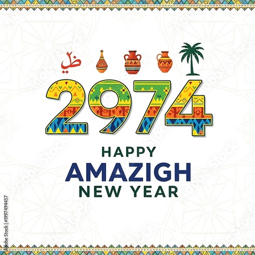 Colorful graphic celebrating Amazigh New Year 2974 with festive patterns