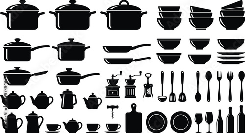Kitchen utensils and cookware silhouette set with pots pans tableware and cooking tools vector collection