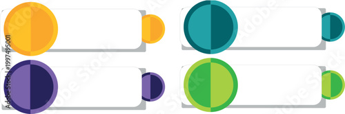 A set of four professional vector graphic design elements featuring circular bullet points with split-tone color schemes attached to rectangular text boxes. These clean and modern UI components 