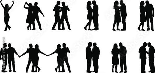 Couple silhouette set featuring romantic partners dancing holding hands and standing together for wedding anniversary or valentines day creative designs