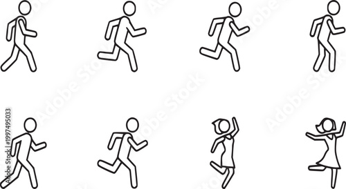 Chronological vector sequence of human movement showing walking running jumping and dancing cycles isolated on white