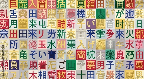 Colorful grid of Japanese Kanji characters, creating a vibrant, abstract mosaic