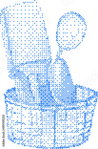 Abstract blue dots forming a plant in a basket with a balloon overhead