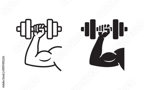 Gym icon set vector, flexing biceps dumbbells strength training workout muscle icons, clean fitness illustration isolated design