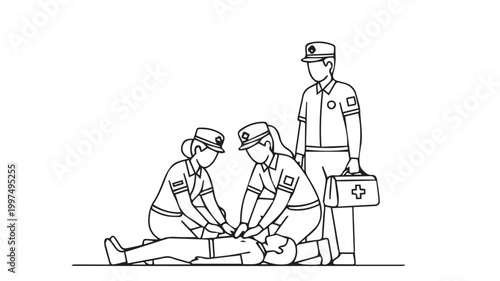 Paramedics Performing CPR on Patient with First Responder Standing By