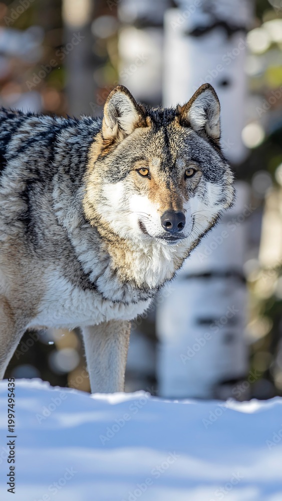 Fototapeta premium Wolf standing in snowy forest landscape.