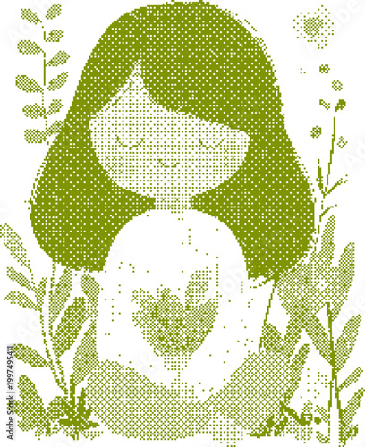 Green Dot a Serene Woman Holding a Bouquet in a Botanical Garden