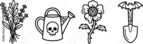 Set of four mystical witchy gardening line art icons featuring herbs, a skull watering can, arcane flower, and bat-wing trowel isolated on white.