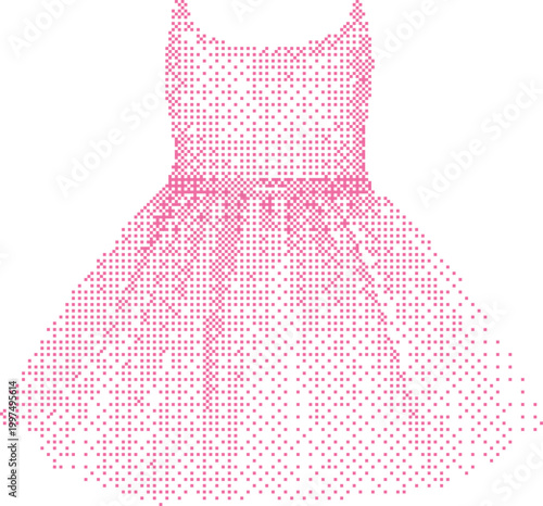 Pink pixelated dress dissolving into dots with a white background