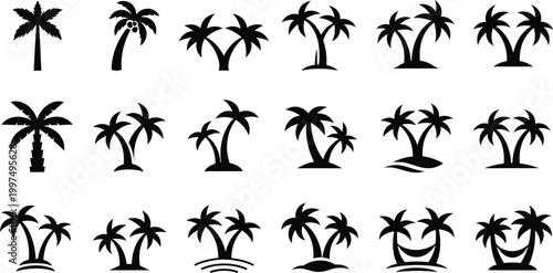 Collection of silhouetted palm trees and tropical island elements