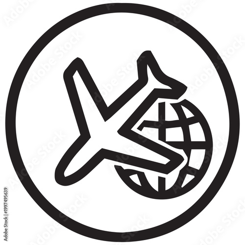 Global travel icon airplane circling the world in a black and white design