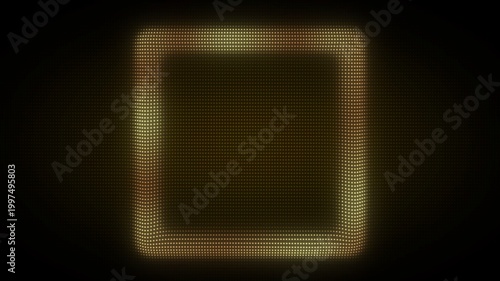 3D Golden Square Frame, Digital Dot Particles on Dark Background, Glowing Dot Grid Geometric Shape Border