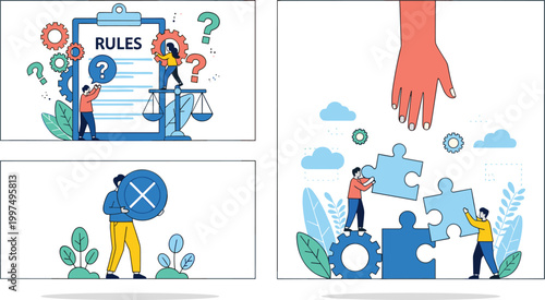 Illustration combining teamwork with puzzle solving, rules and justice concepts, decision-making with symbols, and collaborative problem-solving using gears