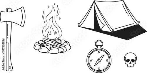 Camping and survival line art icon set featuring a forest axe, campfire, outdoor tent, navigation compass, and a small skull isolated on white.
