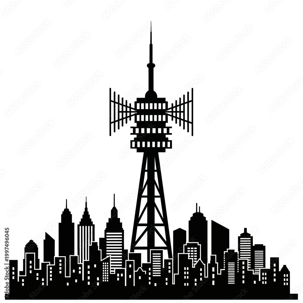 Obraz premium Silhouette of a tall communication tower dominating the city skyline, transmitting signals.