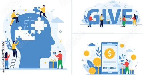 Modern collage illustration showing teamwork problem solving, generosity through giving, and referral rewards with smartphone financial bonus concept