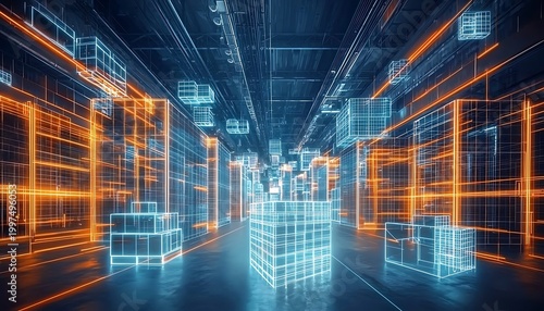 Abstract digital wireframe city grid structure with glowing neon lines.