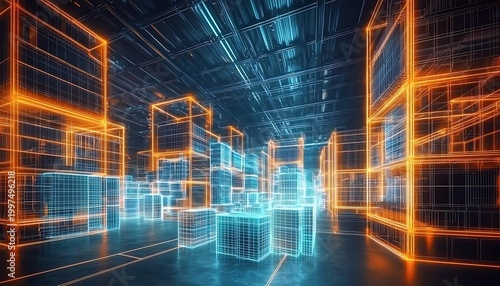 Abstract digital wireframe city grid with glowing orange and blue neon lines.