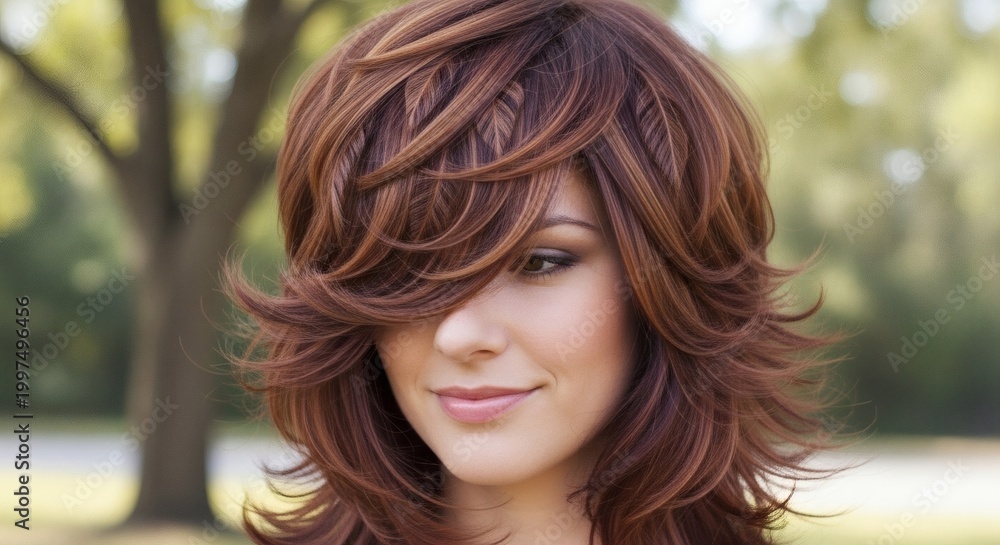 Fototapeta premium A beautiful woman with long brown hair smiling in a park