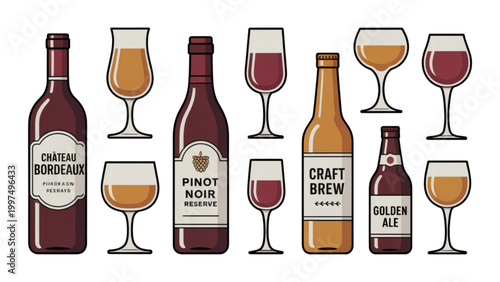 Assorted colorful beer bottles and glasses with different drinks Vector