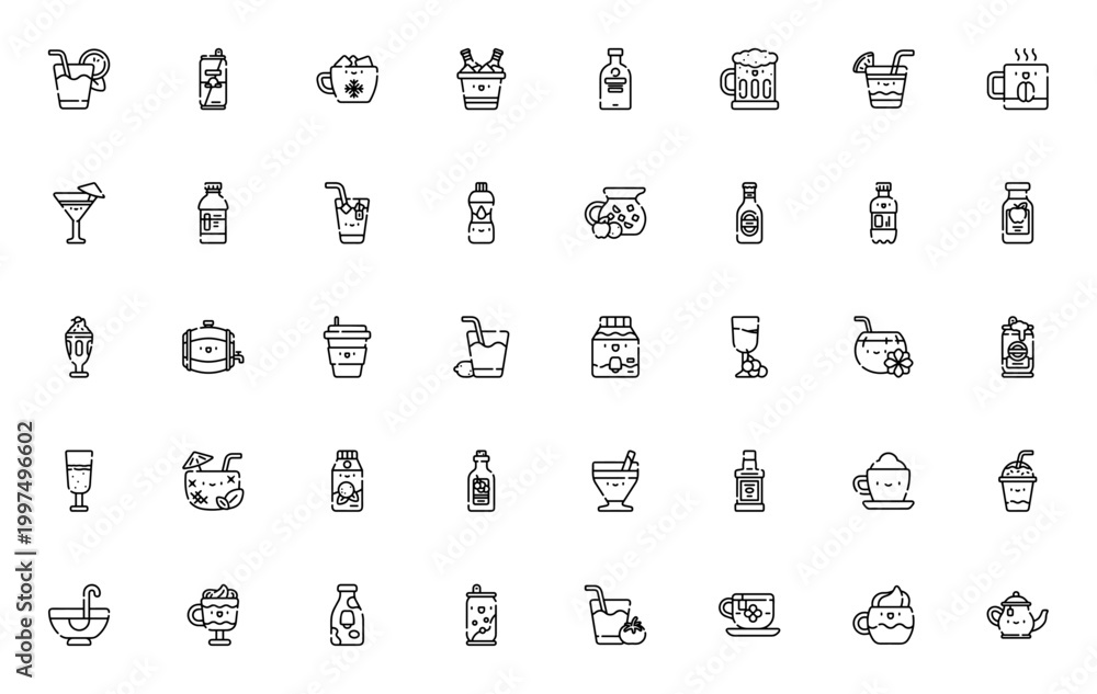 Fototapeta premium Kawaii drinks icon set. Cute vector illustrations of Orange juice, Soda, Coffee, Cocktail, Beer, Wine and more. Editable cartoon style clipart.
