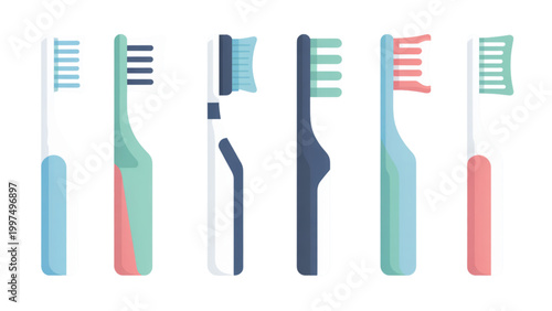 Set of five colorful toothbrushes with different bristle patterns and handles Vector