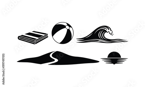 Beach vacation vector icon set with ball and wave illustration in black line art style.