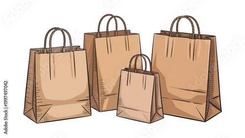 Three brown paper shopping bags with handles standing upright Vector