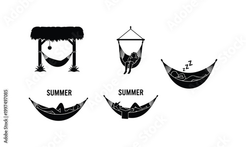 Summer holiday vector icon set with sleeping person and hammock illustration line art.