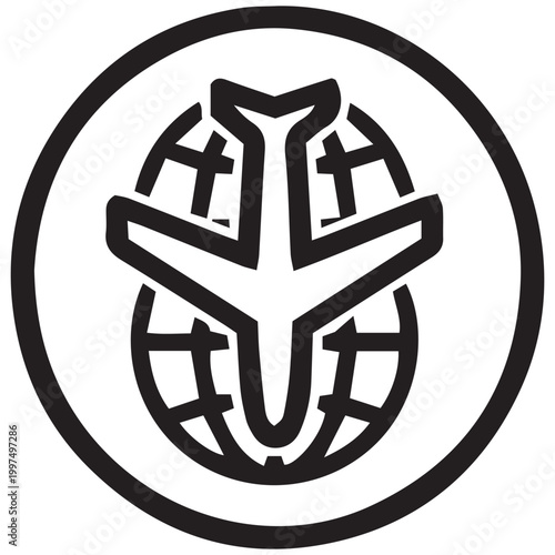 Global travel icon airplane circling the world in a black and white design