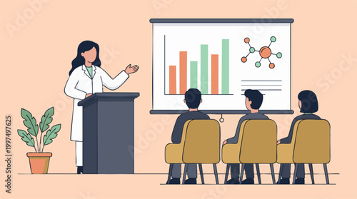 Female scientist presenting research data and scientific concepts to an audience