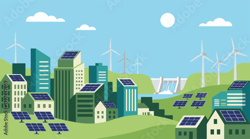 Sustainable Smart City with Solar Panels, Wind Turbines, and Hydroelectric Dam