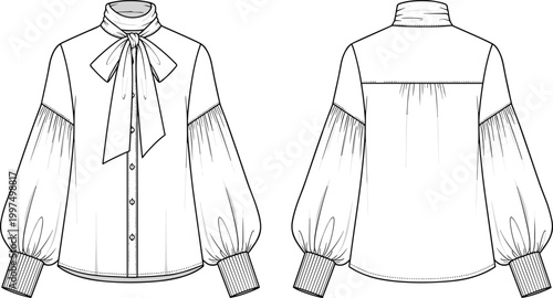 Technical fashion illustration, blouse design, bow tie neckline, bishop sleeves, wide cuffs, button closure, yoke detail, garment construction drawing