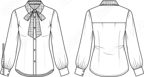 Technical fashion illustration, blouse design, bow tie collar, button-down front, long sleeves, cuff buttons, yoke detail, garment construction drawing
