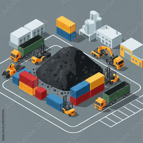 Industrial cargo shipping and transportation hub with containers and heavy machinery.