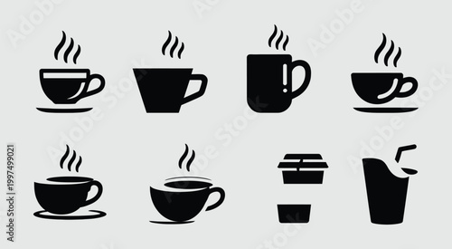 Coffee cup icon set with steam rising mugs and to-go cups black silhouette vector illustration