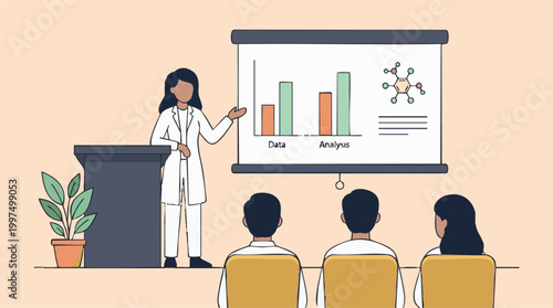 Female scientist presenting research data and analysis in a conference setting