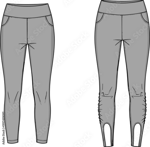 Technical fashion illustration, leggings design, wide waistband, side pockets, ruched detail, stirrup hem, activewear sketch, apparel construction drawing
