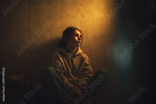 Depressed young adult alone in dark setting