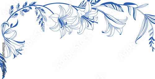 Vibrant blue floral border design with hand-drawn lily outlines and intertwining vines creating a dynamic decorative frame Vector Illustration.