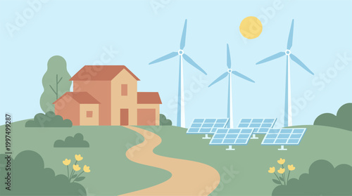 Eco-friendly home powered by wind turbines and solar panels in nature