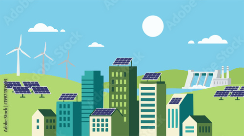 Sustainable city powered by renewable energy: solar, wind, and hydropower.