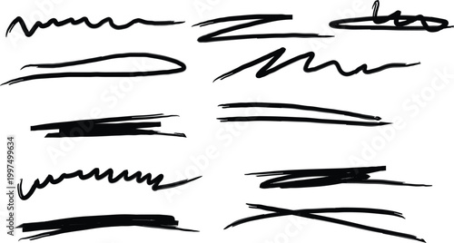 Hand Drawn Underline Stroke Marker Collection. Rough Scribble Lines and Doodle Dividers. Sketchy Brush Marks for Text Highlight and Emphasis. Vector Illustration