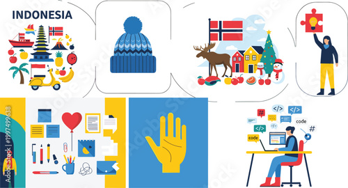 WebColorful collage combining Indonesian cultural icons, Norwegian heritage, creativity with puzzle piece, workspace stationery, helping hand, and modern coding technology